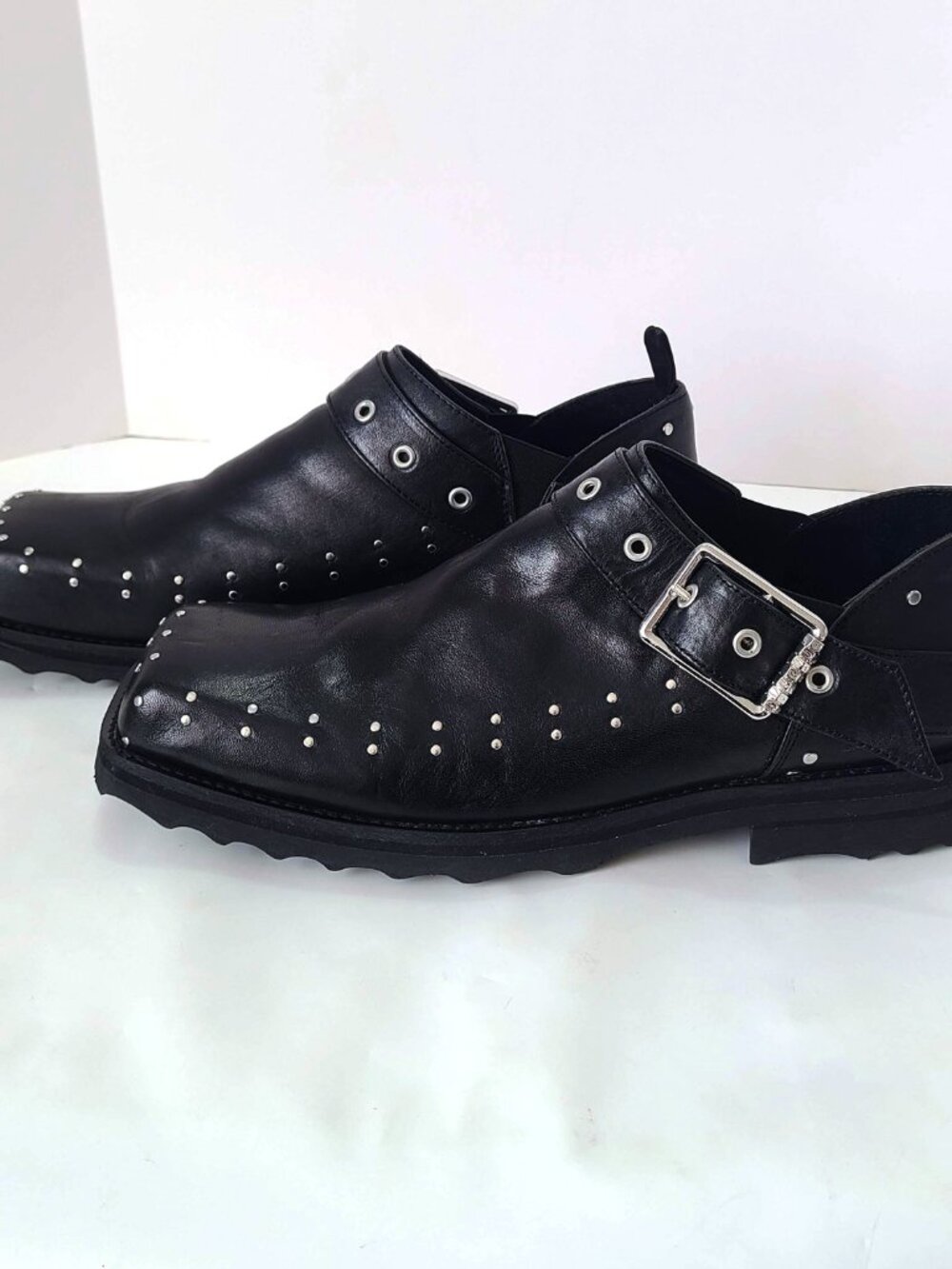 John Fluevog Carlton MK1 Foyt Black Studded Leather Boots Square Toe Sz 13
